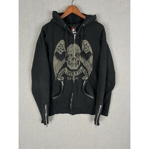 LUCKY 13 Vintage 90s Zip Up Hoodie Sweatshirt L Heavy Black Fleece Skull Wings
